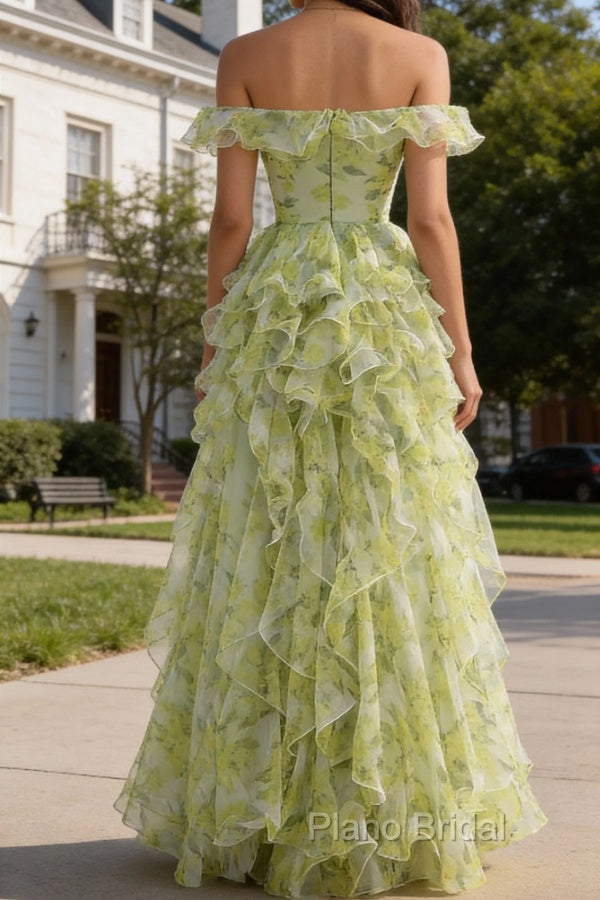 Dusty Sage Floral Ruffled A-Line Square Neck Long Prom Dress