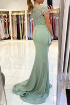 Dusty Sage High Neck Lace Column Long Buttons Split Short Sleeves Evening Dress