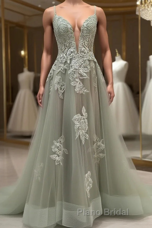 Dusty Sage Formal Prom Dress Plunging V Neck Appliques Lace-Up A-line Long Evening Gown