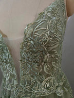 Dusty Sage Formal Prom Dress Plunging V Neck Appliques Lace-Up A-line Long Evening Gown