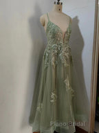 Dusty Sage Formal Prom Dress Plunging V Neck Appliques Lace-Up A-line Long Evening Gown