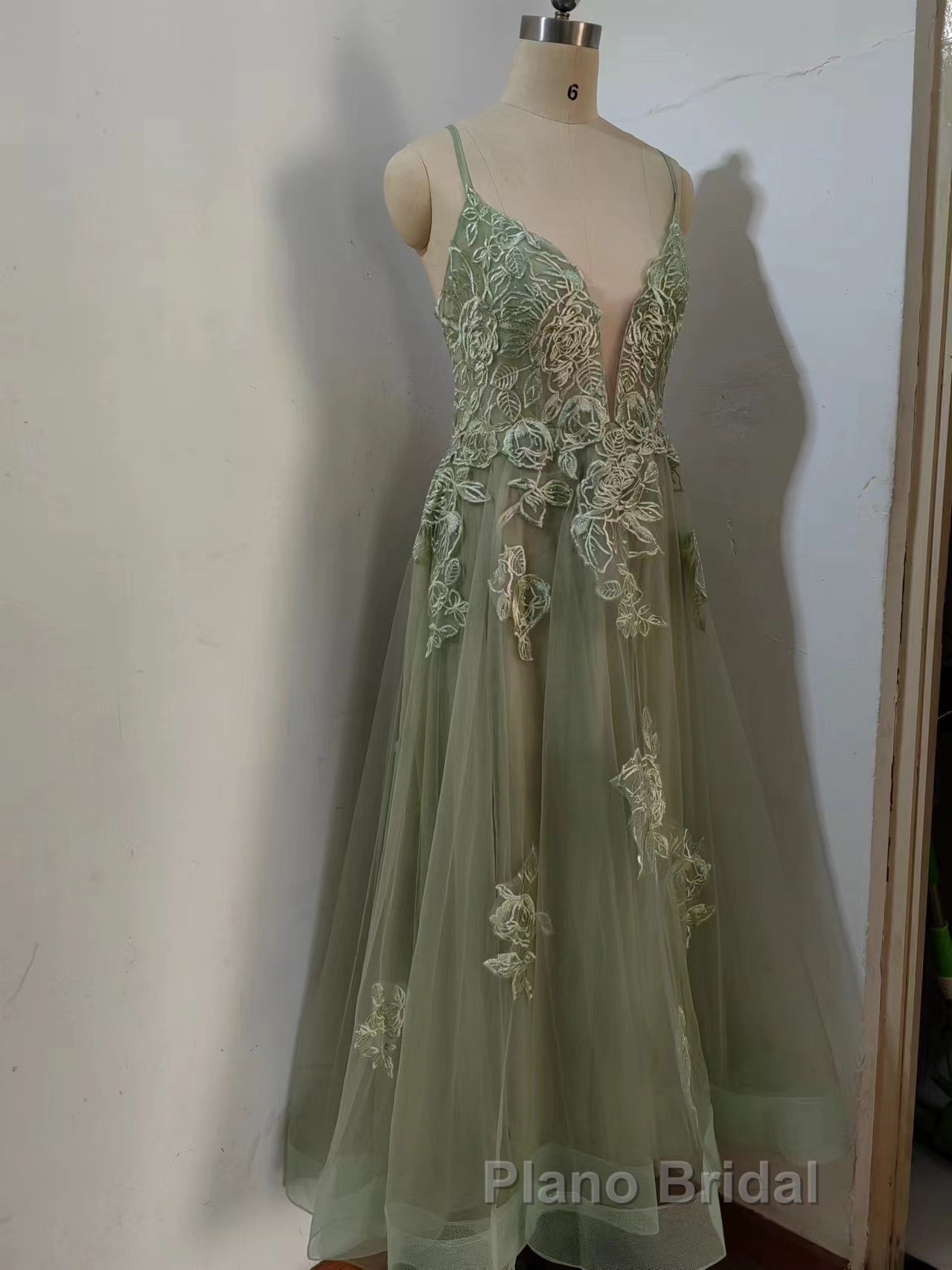 Dusty Sage Formal Prom Dress Plunging V Neck Appliques Lace-Up A-line Long Evening Gown