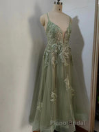 Dusty Sage Formal Prom Dress Plunging V Neck Appliques Lace-Up A-line Long Evening Gown
