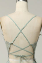 Dusty Sage Formal Prom Dress Plunging V Neck Appliques Lace-Up A-line Long Evening Gown