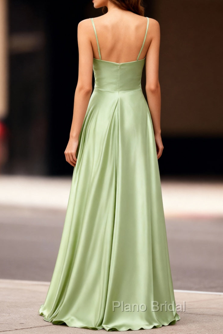 Dusty Sage Satin Long Classy Formal Prom Dresses with Pleated Secondary image