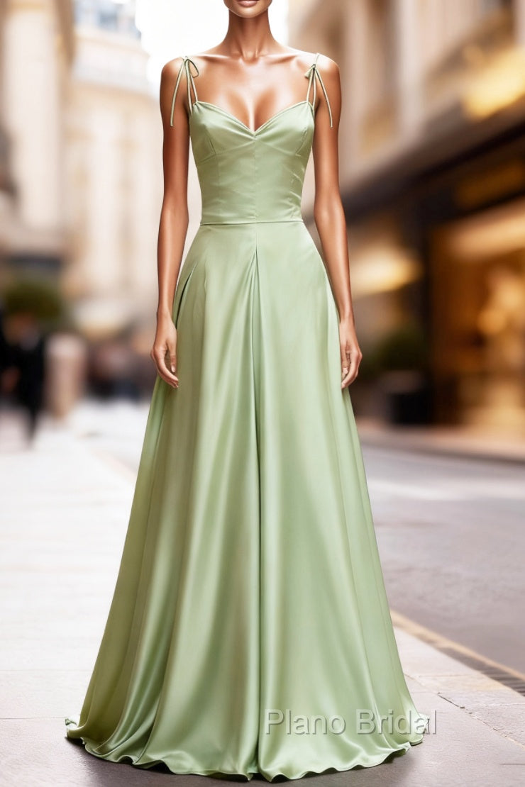 Dusty Sage Satin Long Classy Formal Prom Dresses with Pleated Main image