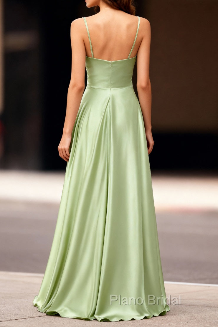 Dusty Sage Unique Satin Long Formal Prom Dresses with Pleated Secondary image