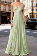 Dusty Sage Unique Satin Long Formal Prom Dresses with Pleated
