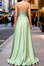 Dusty Sage Unique Satin Long Formal Prom Dresses with Pleated