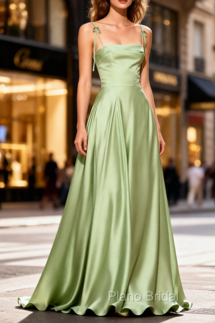 Dusty Sage Unique Satin Long Formal Prom Dresses with Pleated Main image