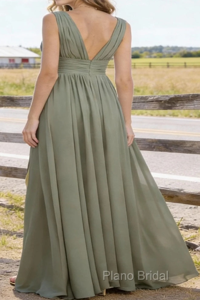 Dusty Sage V Neck Chiffon Floor Length Bridesmaid Dresses Long Bridesmaid Dress With Pleated Split Secondary image
