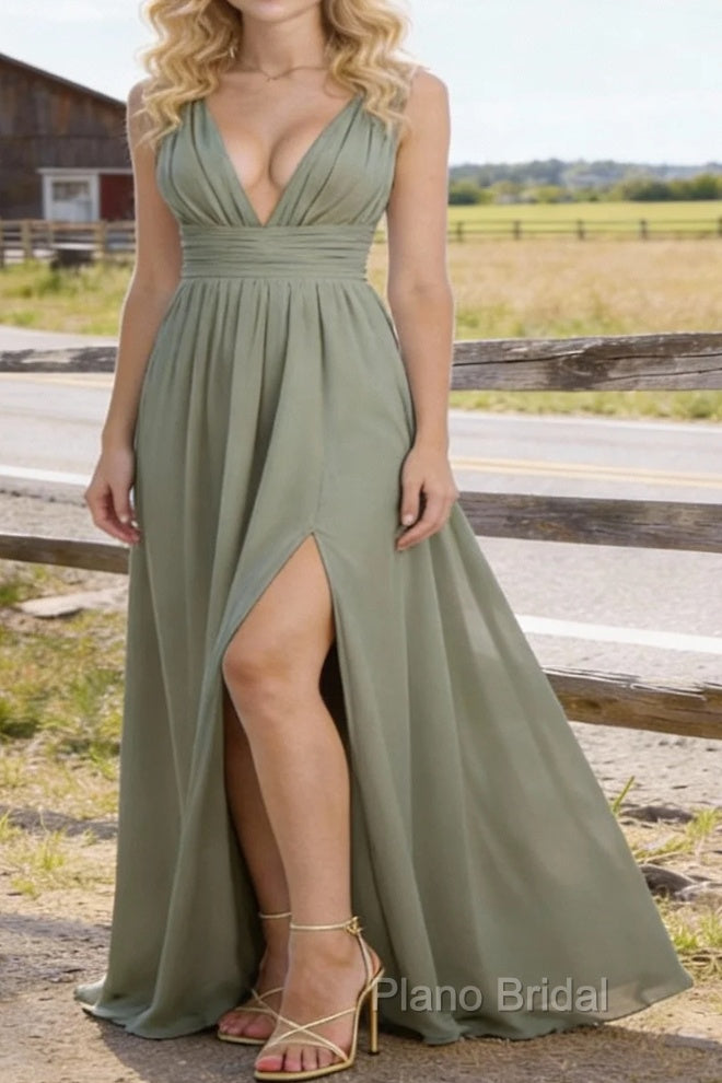 Dusty Sage V Neck Chiffon Floor Length Bridesmaid Dresses Long Bridesmaid Dress With Pleated Split Main image
