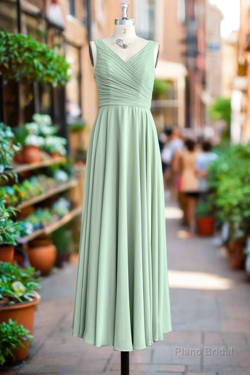 Dusty Sage V Neck Long Chiffon Bridesmaid Dress with Bow Main image