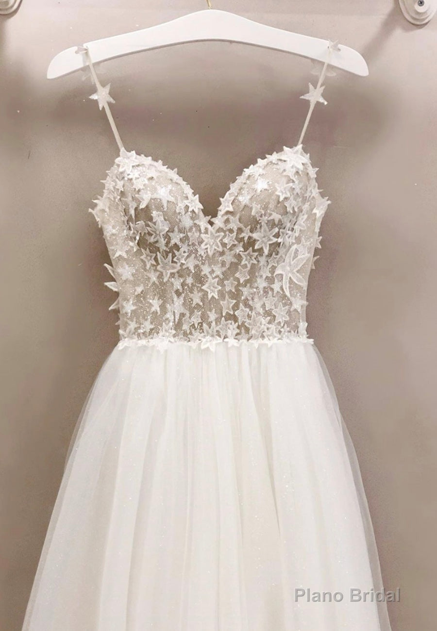 White Tulle Long A-Line Prom Dresses with Lace Main image