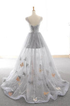 Gray Long Formal Prom Dresses with Butterfly, New Arrival Unique Evening Dresses