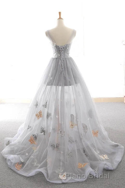 Gray Long Formal Prom Dresses with Butterfly, New Arrival Unique Evening Dresses