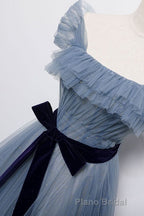 Blue Off the Shoulder Tulle Long Formal Prom Dresses with Sash, Sparkly Formal Gown