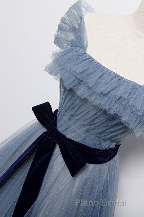 Blue Off the Shoulder Tulle Long Formal Prom Dresses with Sash, Sparkly Formal Gown