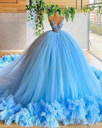 spaghetti straps beading bodice tulle ball gown evening Dresses with handmade flowers