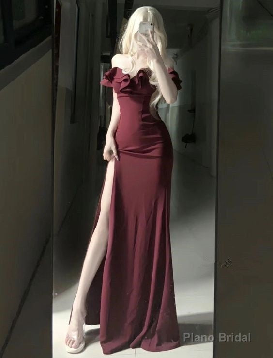 Modest Mermaid Burgundy Slit Prom Dresses Birthday Outfits Main image