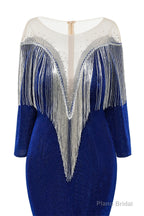 Deep V-neck Shiny Royal Blue Prom Dresses Long sleeves Mermaid Evening Party Dresses