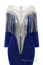 Deep V-neck Shiny Royal Blue Long sleeves Mermaid Formal Prom Dress
