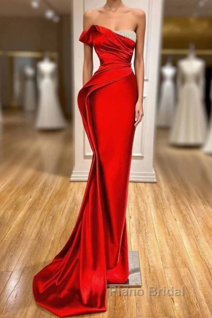 Strapless Red Mermaid Formal Prom Dresses With Beads