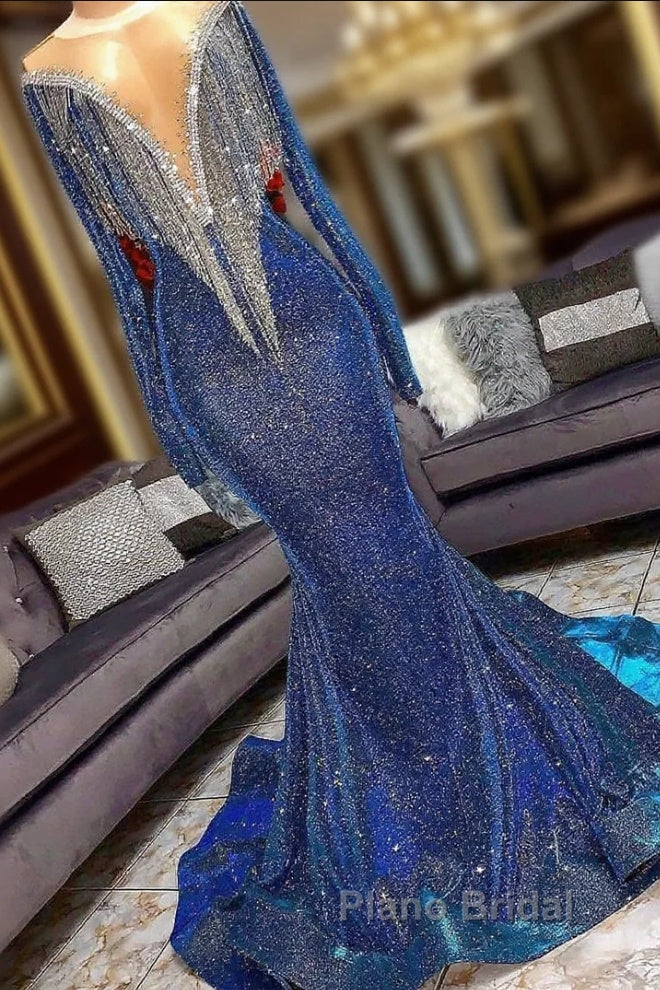 Luxurious long Sequins Mermaid V-neck Formal Prom Dresses with Sleeves Main image