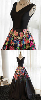 Black V Neck Floral Patterns Long Prom Dress, Black Evening Dress
