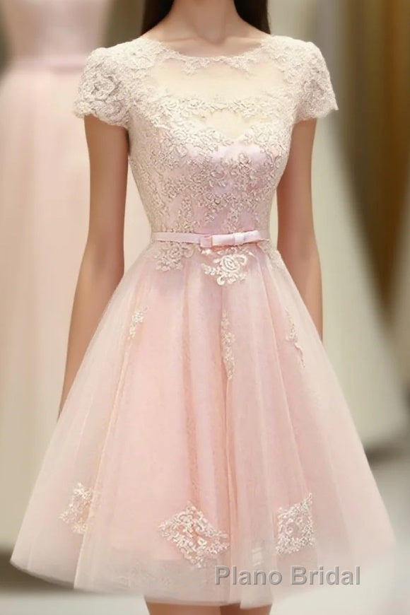 Pink Lace Tulle Short Formal Prom Dresses, Pink Evening Dresses Main image