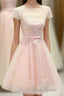 Pink Lace Tulle Short Formal Prom Dresses, Pink Evening Dresses