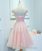 Pink Lace Tulle Short Formal Prom Dresses, Pink Evening Dresses