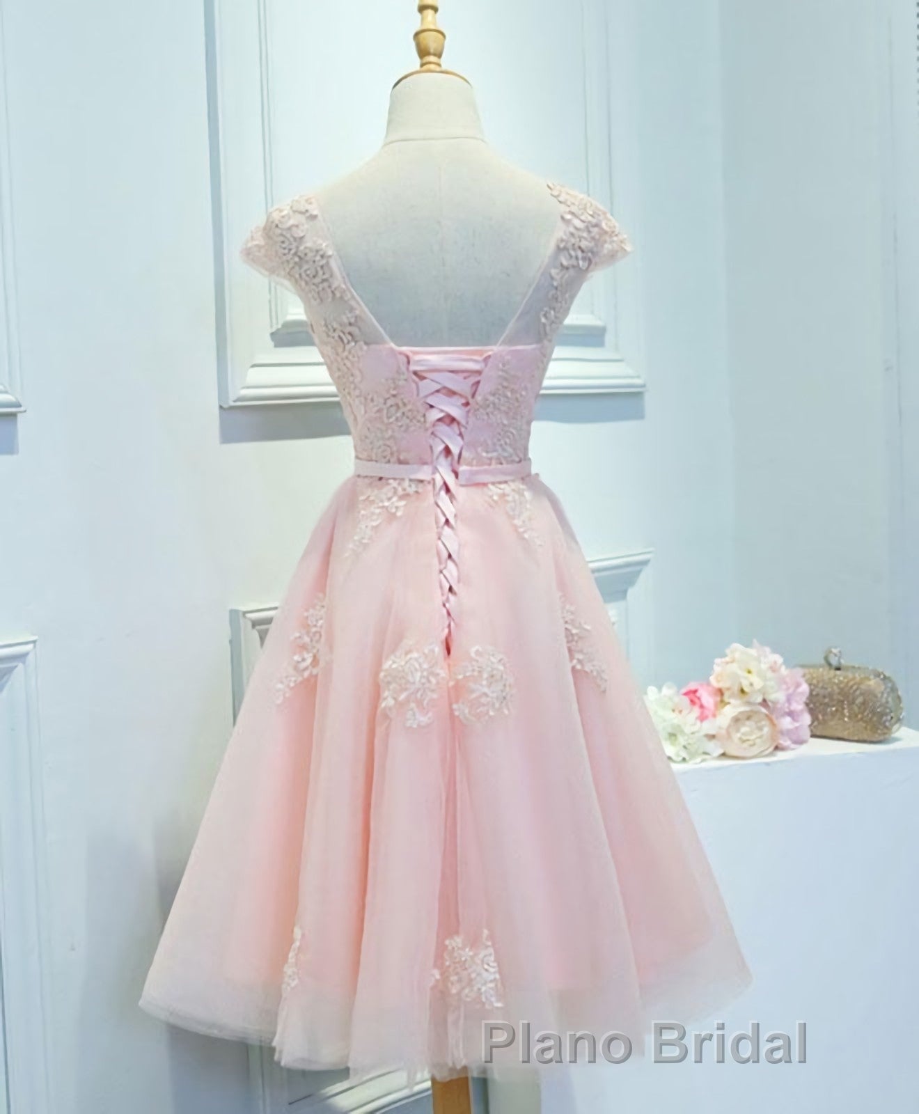 Pink Lace Tulle Short Formal Prom Dresses, Pink Evening Dresses