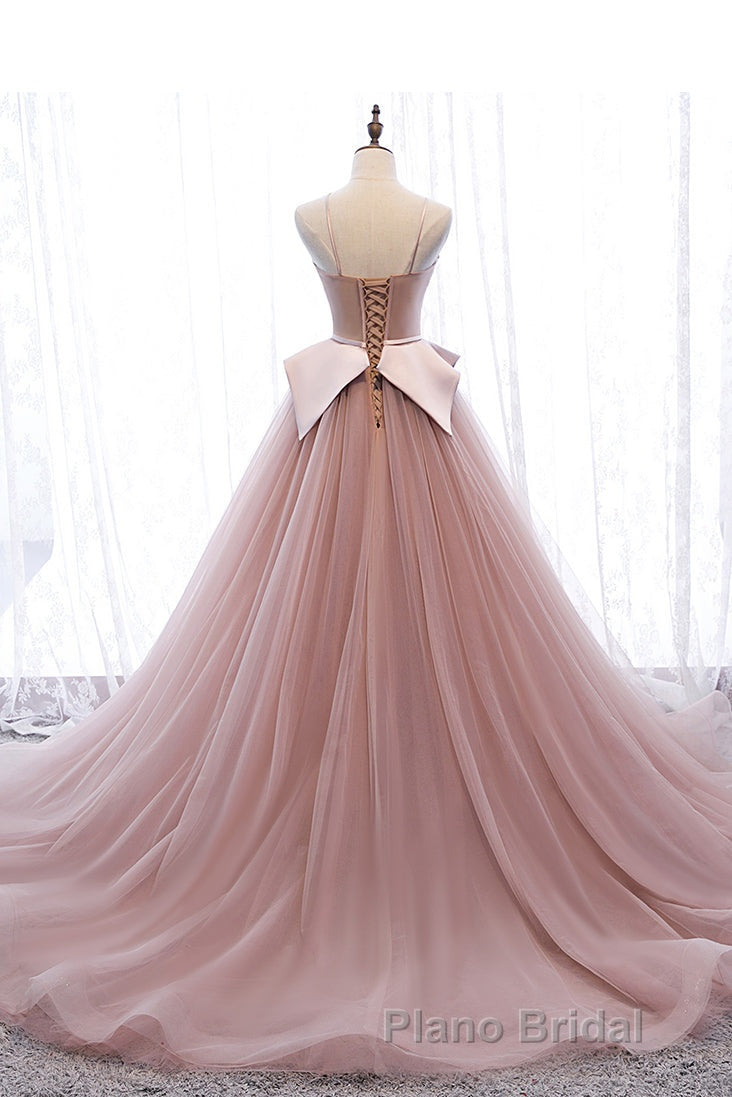 Pink Spaghetti Straps Tulle Long Formal Prom Dresses, Unique Long Wedding Dess Secondary image