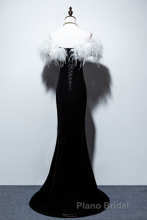 Black Velvet Mermaid Formal Prom Dresses with Feather, Off the Shoulder Long Evening Gown