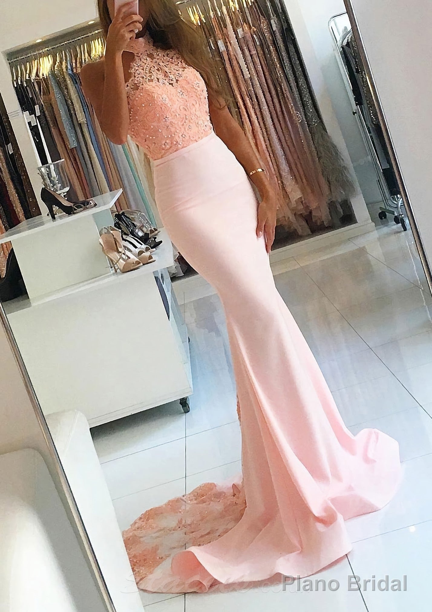 Elastic Satin Court Train Trumpet/Mermaid Sleeveless Halter Covered Button Prom Dresses With Beaded Main image