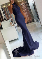 Elastic Satin Court Train Trumpet/Mermaid Sleeveless Halter Covered Button Prom Dresses With Beaded