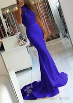 Elastic Satin Court Train Trumpet/Mermaid Sleeveless Halter Covered Button Prom Dresses With Beaded