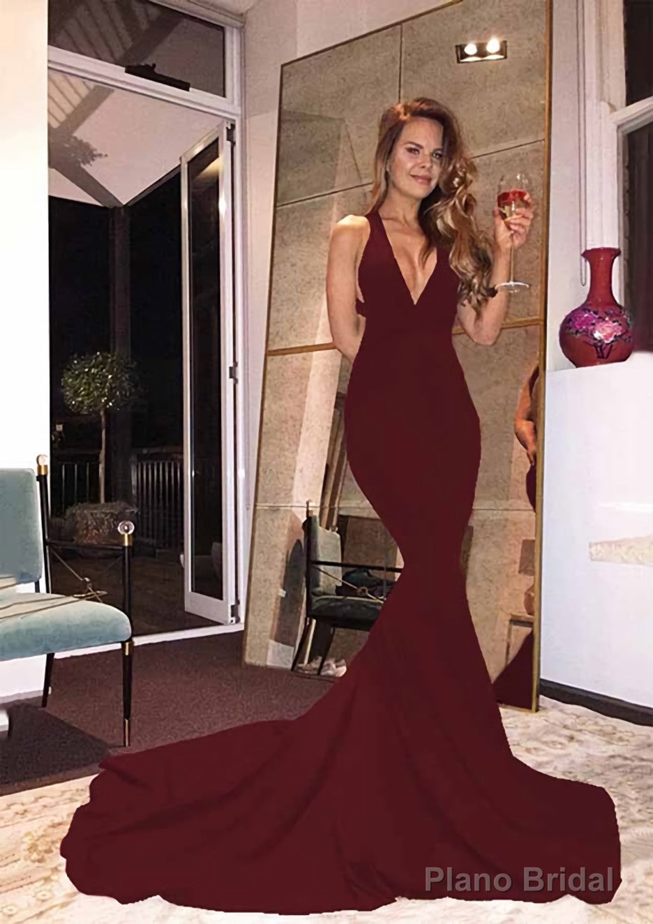 Elastic Satin Court Train Trumpet/Mermaid Sleeveless V-Neck Zipper Prom Dresses