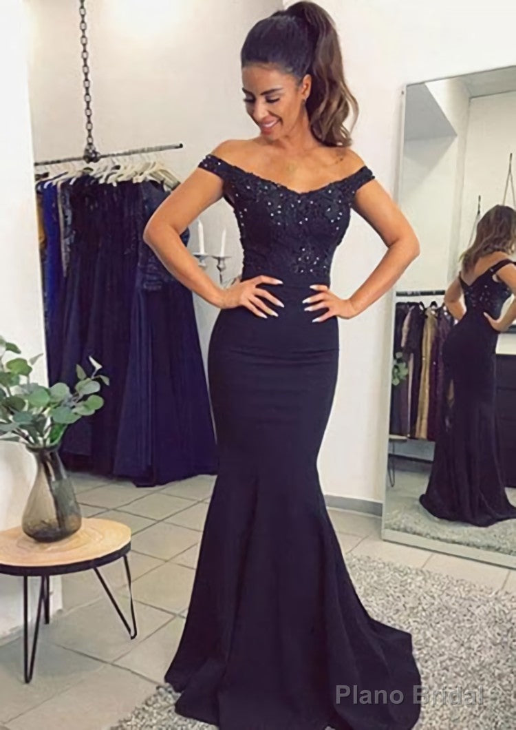 Elastic Satin Prom Dresses Trumpet/Mermaid Off-The-Shoulder Sweep Train With Lace Main image
