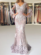 Eleagnt Evening Dress Mermaid V Neck Long Sleeves Zipper Lace Satin Fabric Formal Party Dresses With Train