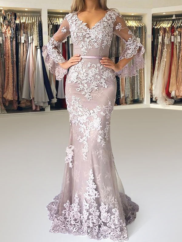 Eleagnt Evening Dress Mermaid V Neck Long Sleeves Zipper Lace Satin Fabric Formal Party Dresses With Train