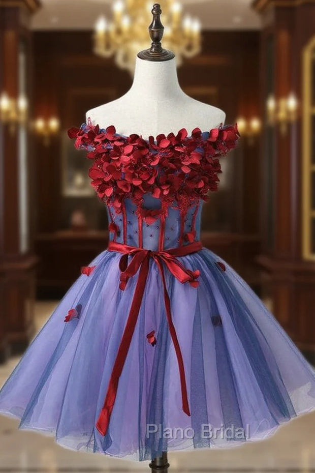 Elegance Off Shoulder Homecoming Dresses, Tulle Homecoming Dresses, Applique Junior Main image