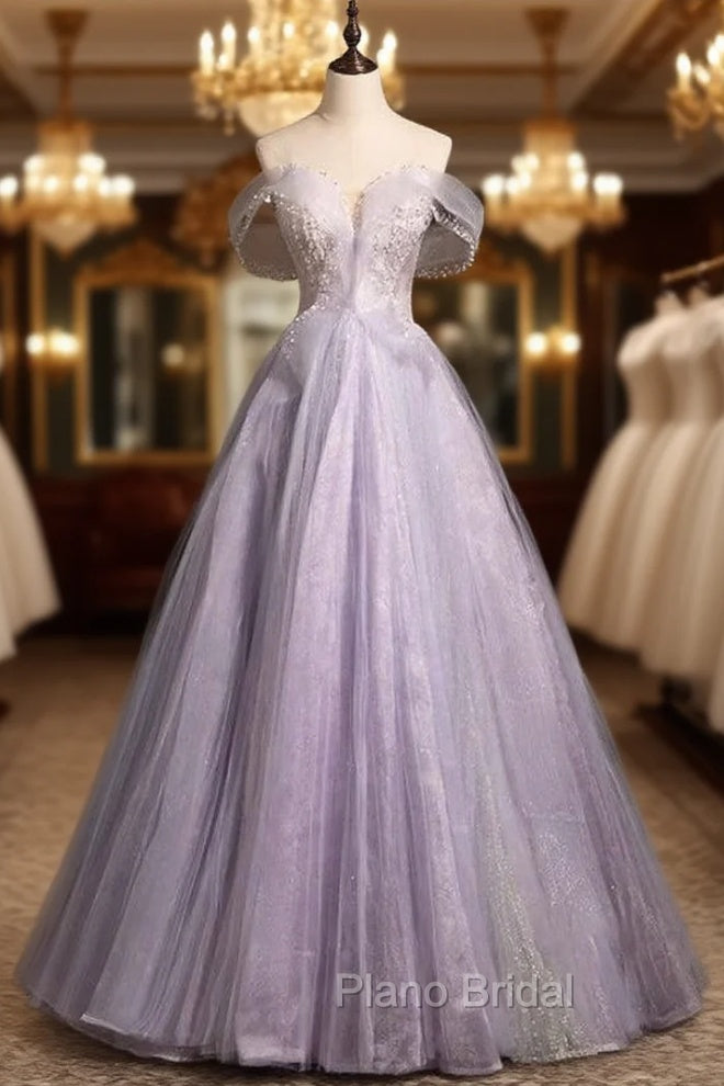 Elegance Purple Tulle Off the Shoulder Beading Formal Prom Dresses