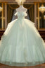 Elegant 3D Flowery Lace Sage Green Tulle Fairy Ball Gown