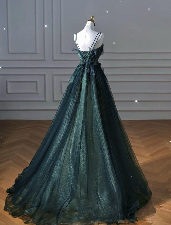 Elegant A Line Dark Green Tulle Long Formal Prom Dresses Secondary image