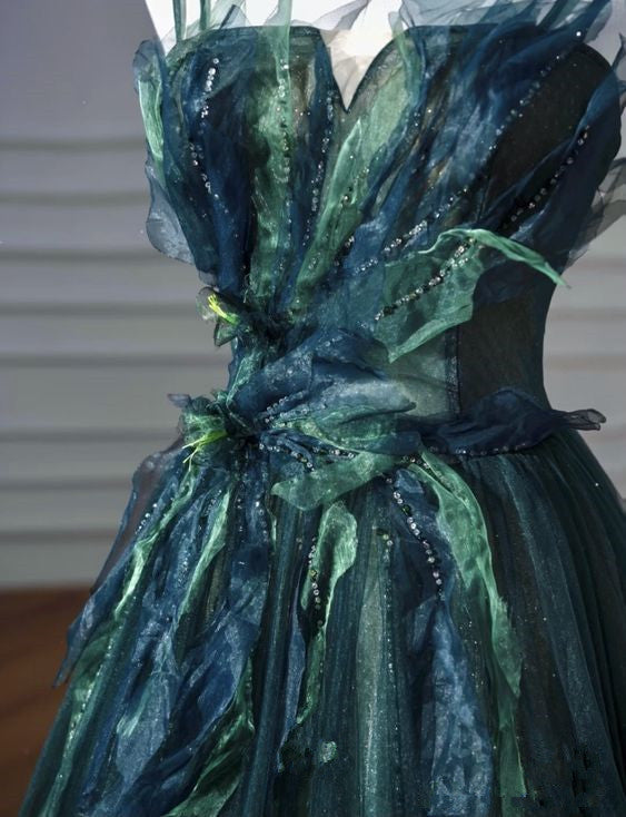 Elegant A Line Dark Green Tulle Long Formal Prom Dresses