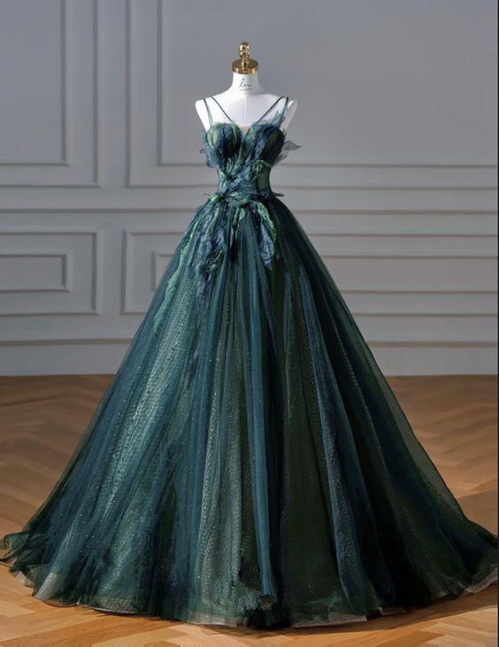 Elegant A Line Dark Green Tulle Long Formal Prom Dresses Main image