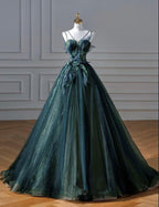 Elegant A Line Dark Green Tulle Long Formal Prom Dresses