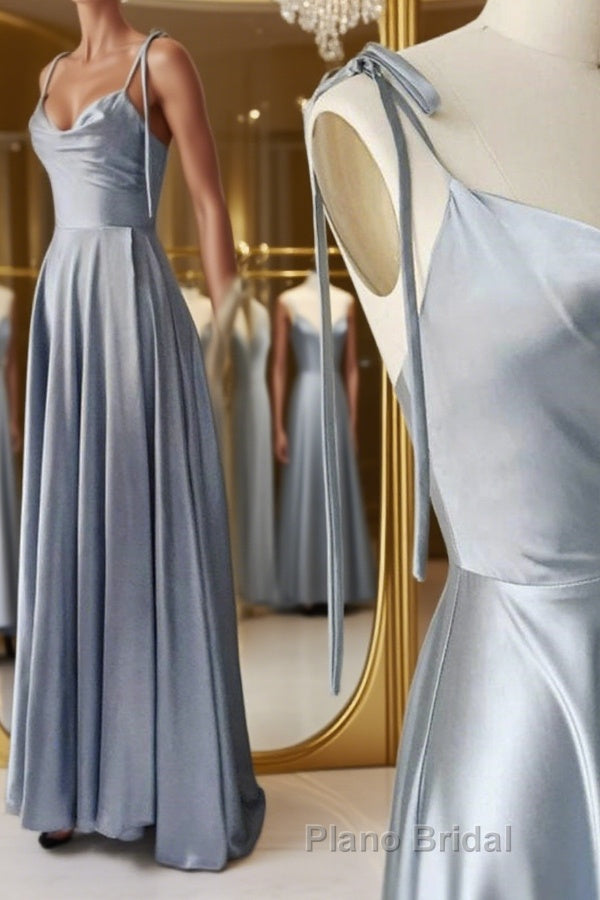 Elegant A Line Gray Satin Long Formal Prom Dresses, Gray Formal Graduation Evening Dresses